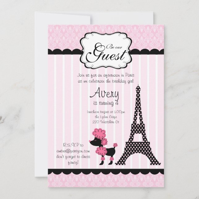 Invitation Paris Pink Poodle Tour Eiffle Tea Party (Devant)