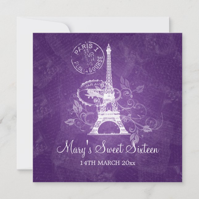 Invitation Paris romantique Paris violet Sweet sixteen (Devant)