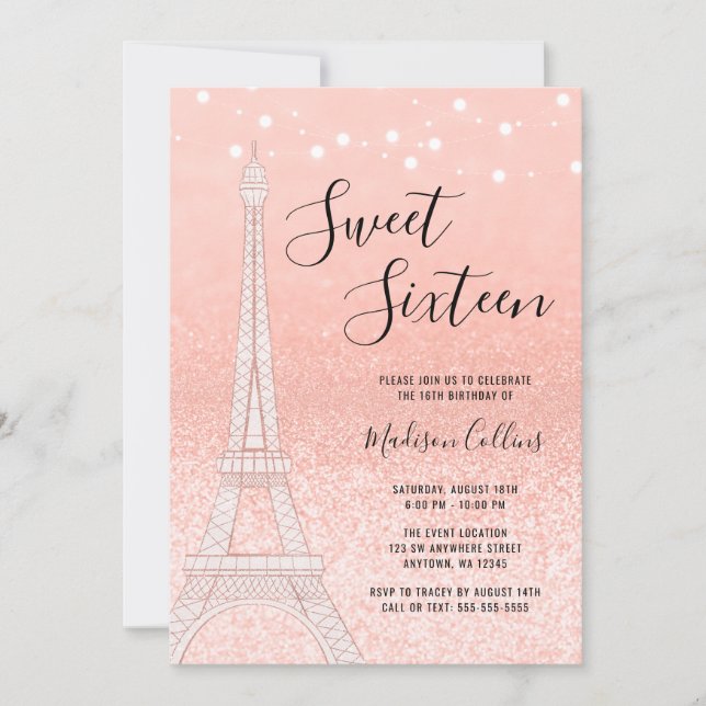 Invitation Paris Rose Gold Parties scintillant Lights Sweet 1 (Devant)