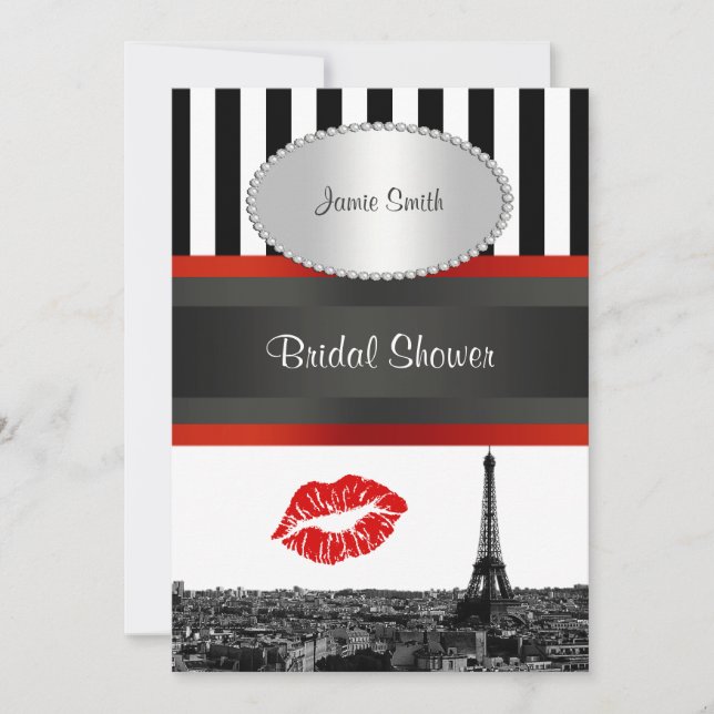 Invitation Paris Skyline BW Stripe Red Kiss PV Fête des marié (Devant)