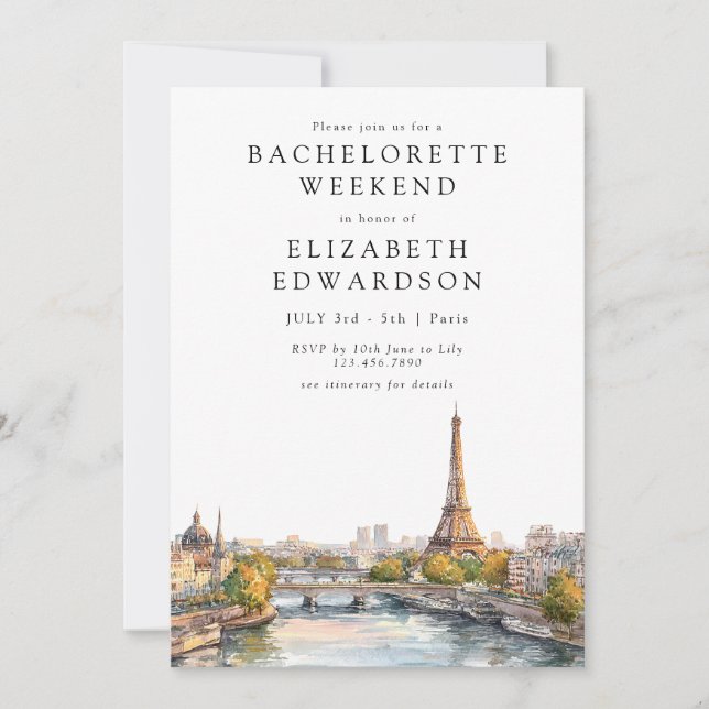 Invitation Paris Skyline Watercolor Bachelorette Weekend (Devant)