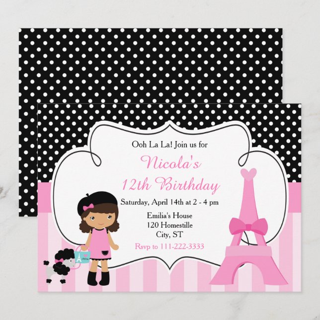 Invitation Paris Tour Eiffel African American Girl Party (Devant / Derrière)