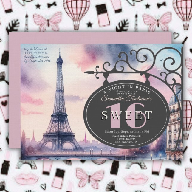 Invitation Paris Tour Eiffel Anniversaire 16 Ans Sucré  (French Parisian Sweet 16 Birthday Invitation)