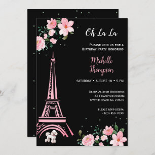 Invitation Paris Tour Eiffel Anniversaire floral noir et rose