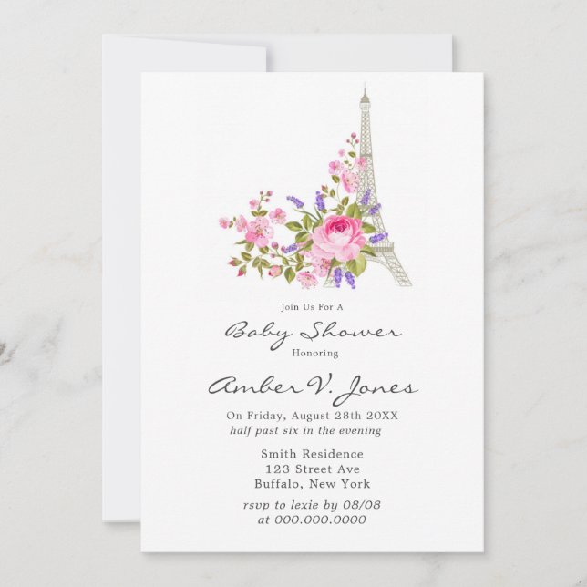 Invitation Paris Tour Eiffel Baby shower de fille Peony rose (Devant)