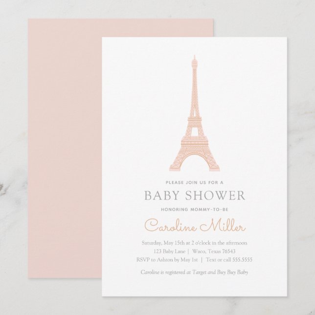Invitation Paris Tour Eiffel Baby shower fille rose (Devant / Derrière)