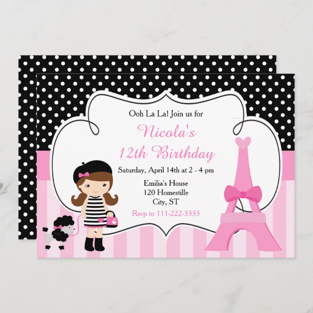 Invitation Paris Tour Eiffel Brunette Fille Anniversaire (Devant / Derrière)