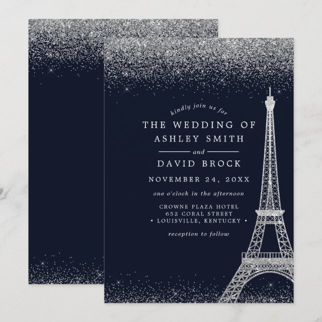 Invitation Paris Tour Eiffel Confettis Argent Mariage Nuit (Devant / Derrière)