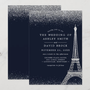 Invitation Paris Tour Eiffel Confettis Argent Navy Mariage