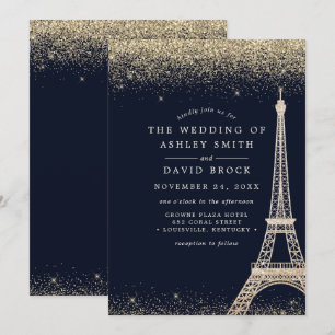 Invitation Paris Tour Eiffel Confettis Dorés Mariage Bleu Nui