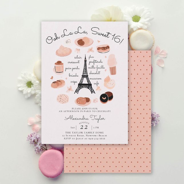 Invitation Paris Tour Eiffel Desserts Rose Blush Sweet 16 (paris sweet 16 invitations eiffel tower french desert dessert croissant eclair unique original girly)