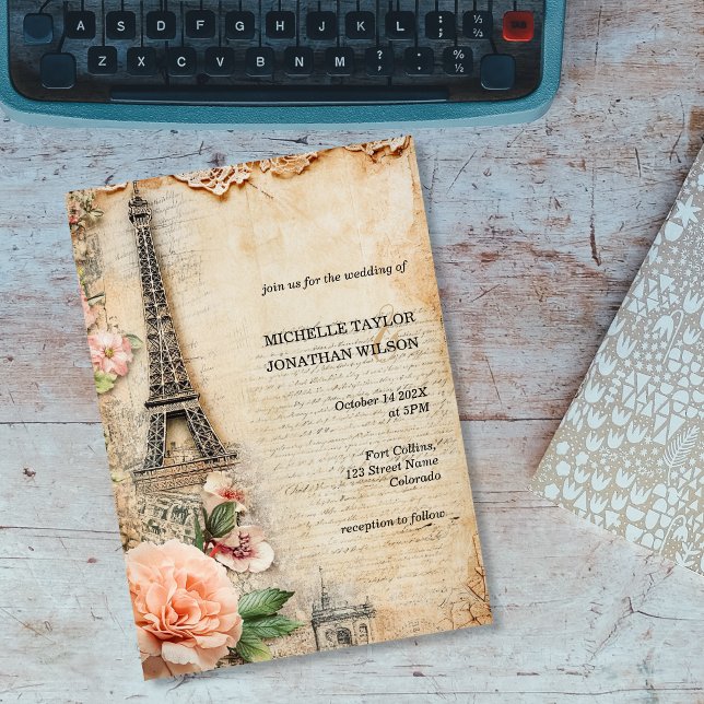 Invitation Paris Tour Eiffel Destination Rustique Vintage (vintage paris wedding)