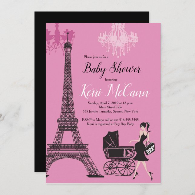 Invitation Paris Tour Eiffel Filles Baby shower rose (Devant / Derrière)