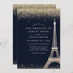 Invitation Paris Tour Eiffel Gold Confetti Mariage bleu marin