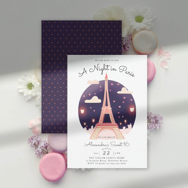 Invitation Paris Tour Eiffel Nuit Coeurs roses Doux 16 (a night in paris sweet 16 illustration whimsical eiffel tower pink hearts lights love amour elegant )