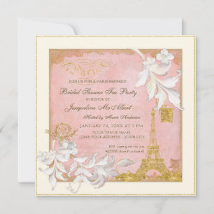 Invitation Paris Tour Eiffel Rose n Or Elégant Thé nuptial
