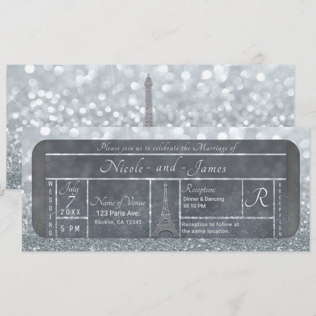 Invitation Paris Tour Eiffel Ticket Mariage Paillettes Argent (Devant / Derrière)