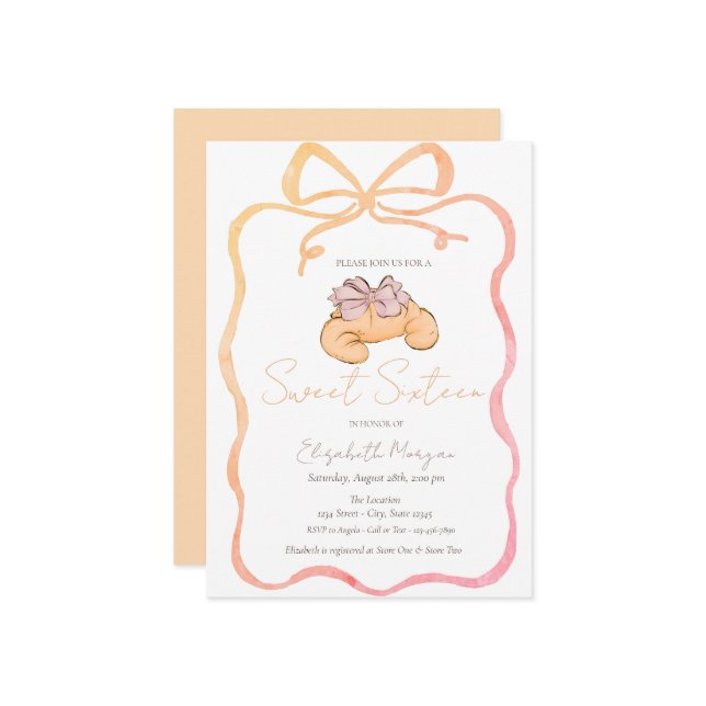 Invitation Parisian Croissant Chic Bow Sweet 16 (Devant/Arrière en situation)