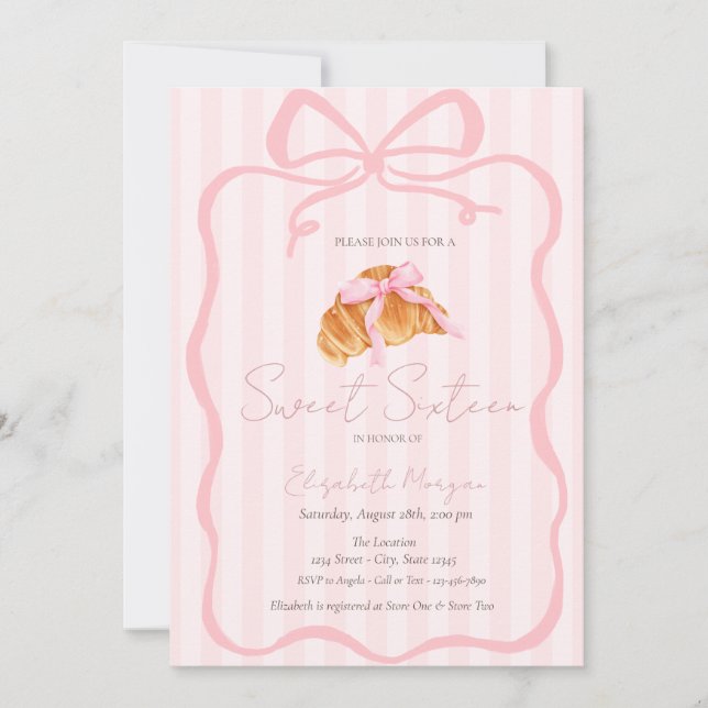 Invitation Parisian Croissant Pink Bow Pink Stripes Sweet 16 (Devant)