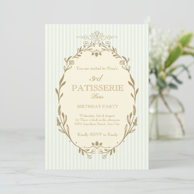 Invitation Parisian Patisserie French Vintage Style Birthday (Debout devant)