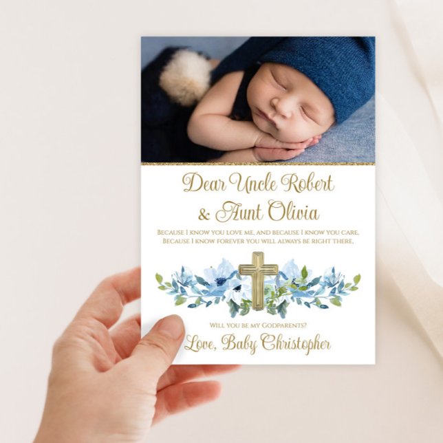 Invitation Parrain Garçon Croix Or Photo Bleu (Boy blue and gold photo Godparent invitation. Simply add your photo and details.)