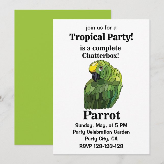 Invitation Parrot Bird Chatterbox Funny Tropical Party (Devant / Derrière)