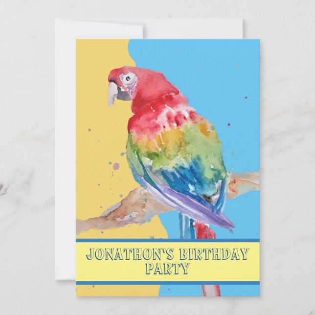 Invitation Parrot Macaw Bleu Oiseau Anniversaire Garçons jaun (Devant)