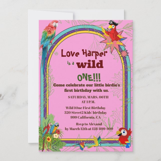 Invitation Parrot tropical floral Parrots 1er anniversaire (Devant)