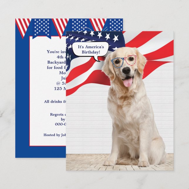 Invitation Parti 4 juillet Golden Retriever (Devant / Derrière)