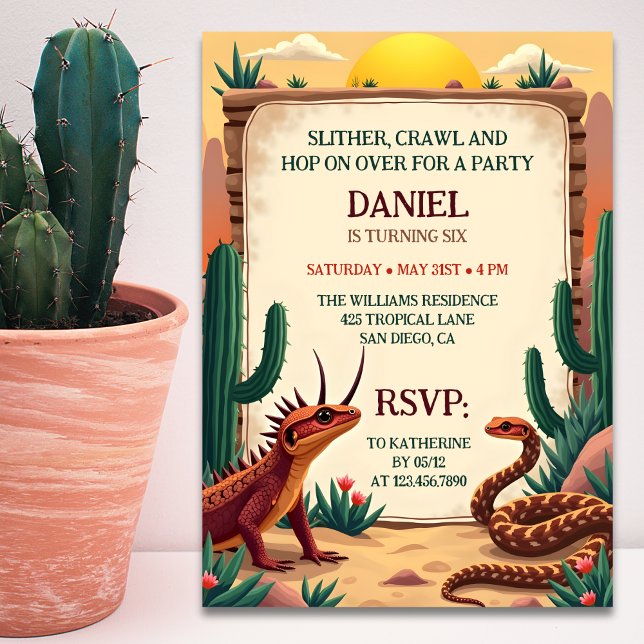 Invitation Parti Anniversaire de enfant à thème du reptile du (Desert Reptile Themed Kids Birthday Party Invitation)