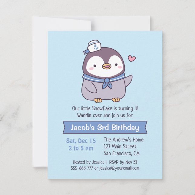 Invitation Parti Anniversaire de enfant de Cute Penguin (Devant)