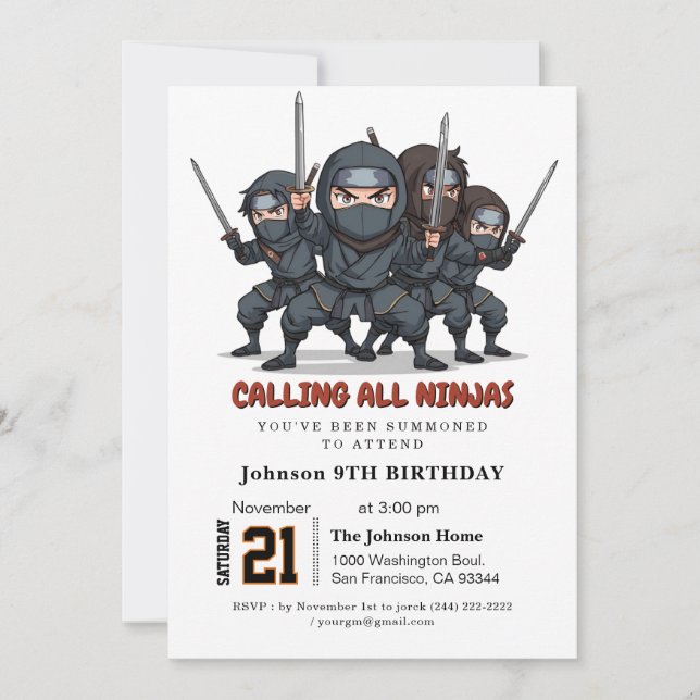 Invitation Parti Anniversaire de enfant guerrier Ninja (Devant)