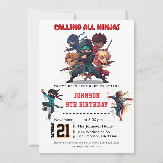 Invitation Parti Anniversaire de enfant guerrier Ninja (Devant)