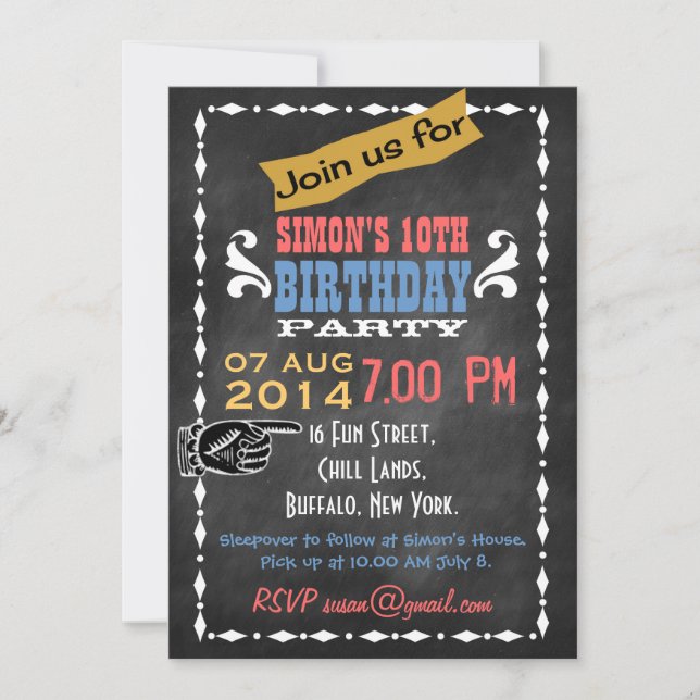 Invitation Parti Anniversaire de enfant Retro Chalkboard (Devant)