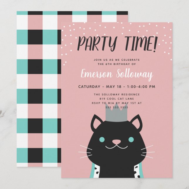 Invitation Parti Anniversaire de enfant royal de chats roses (Devant / Derrière)