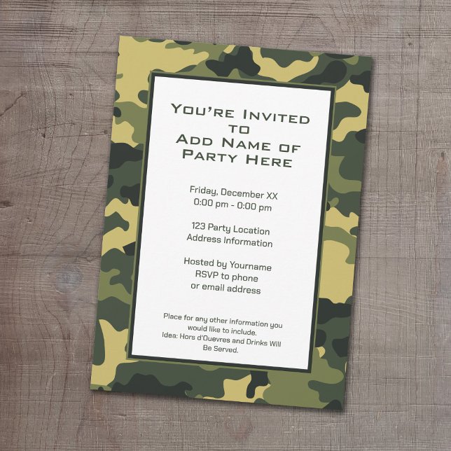 Invitation Parti camouflage militaire vert (Camouflage Birthday Party, Military graduation or cocktail party invitation.)