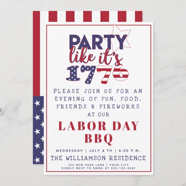 Invitation Parti comme c'est 1776 American Flag Labour Day BB (Devant / Derrière)