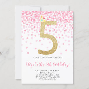 Invitation Parti Confetti Rose Gold Numéro Girl 5e anniversai