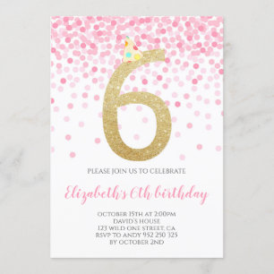 Invitation Parti Confetti Rose Numéro d'or Fille 6e anniversa