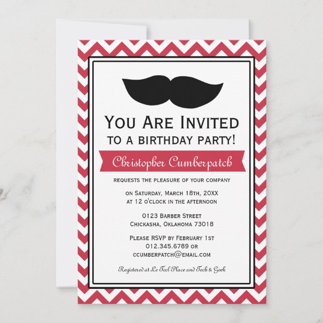 Invitation Parti d'anniversaire de la Moustache rouge Chevron (Devant)
