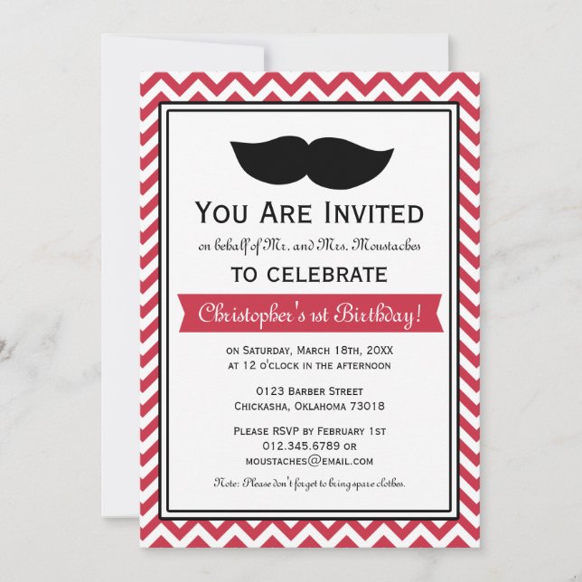 Invitation Parti d'anniversaire du Red Boy Mustache Chevron (Devant)