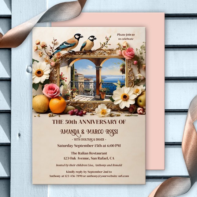 Invitation Parti d'Anniversaire romantique vintage (Vintage romantic Italian wedding anniversary invitation featuring a still life with love birds)