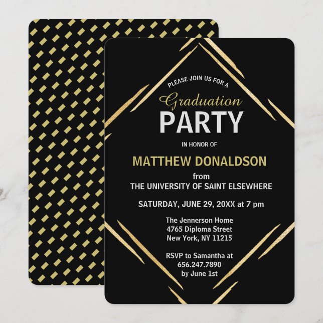 Invitation Parti de graduation 2025 Black Gold moderne (Devant / Derrière)