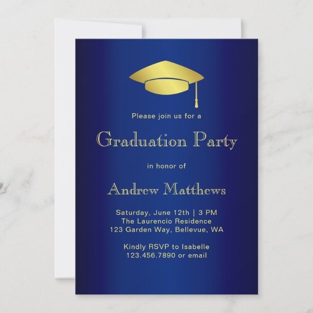 Invitation Parti de graduation bleu et or de la Marine modern (Devant)