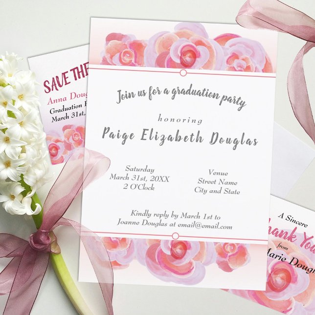 Invitation Parti de Graduation Botanique Rose rose pâle (dusty peach coral pink floral graduation party invitations for girl spring springtime)