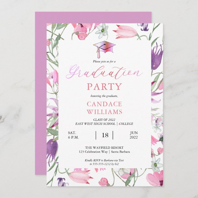 Invitation Parti de graduation de Floral Frame Boho Wildflowe (Devant / Derrière)