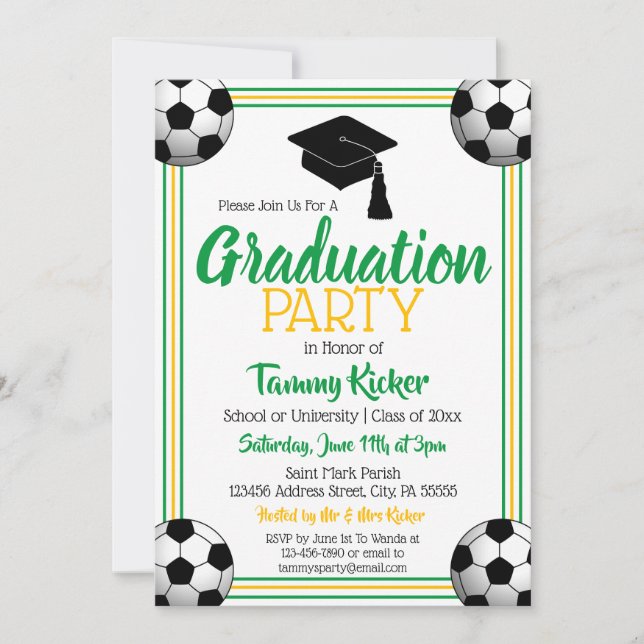 Invitation Parti de Graduation de Football Vert & Or (Devant)