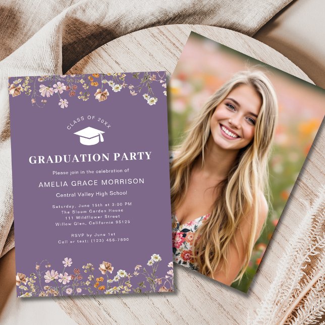 Invitation Parti de Graduation Fleur sauvage violet Boho Bloo (Créateur téléchargé)