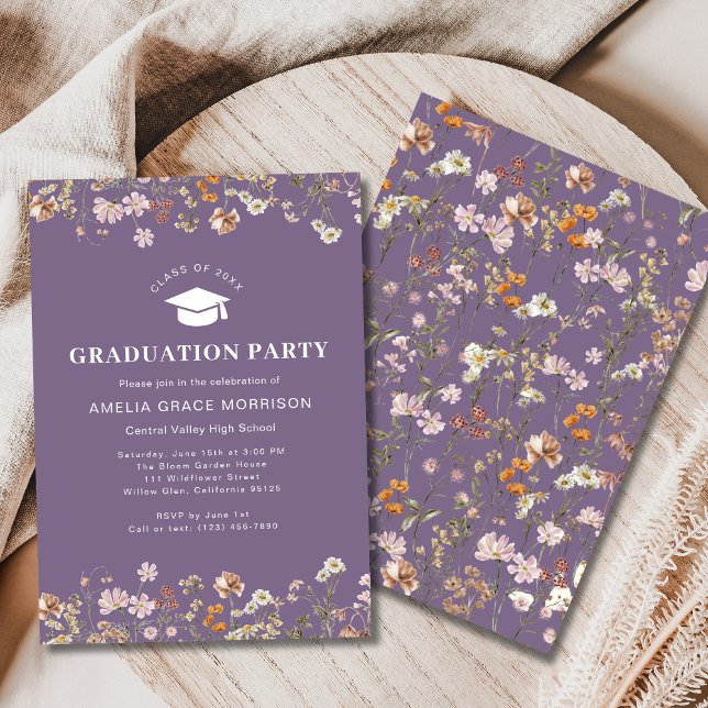 Invitation Parti de Graduation Fleur sauvage violet Boho Bloo (Créateur téléchargé)