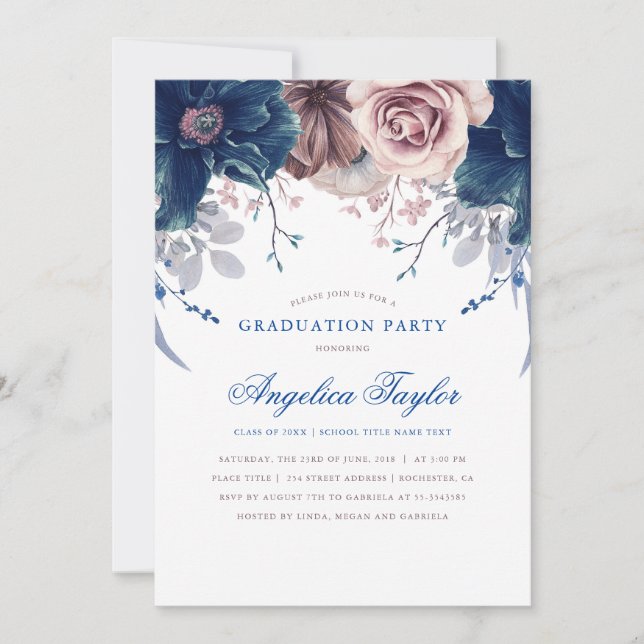 Invitation Parti de graduation florale bleu marine et mauve (Devant)